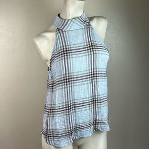 Anthropologie Cloth & Stone Blue Plaid Gauze Racerback Tank 100% Cotton Sz large